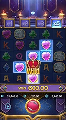 Majestic Treasures · Periksa nilai saldo, nominal taruhan aktif, serta fungsi tombol kontrol di panel bagian bawah.