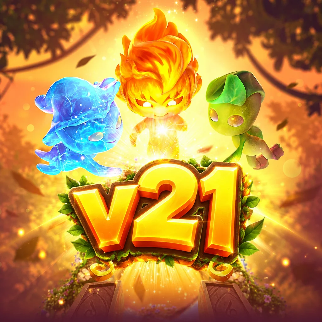 Logo v21 dengan tiga roh elemen air, api, dan tumbuhan di hutan bercahaya