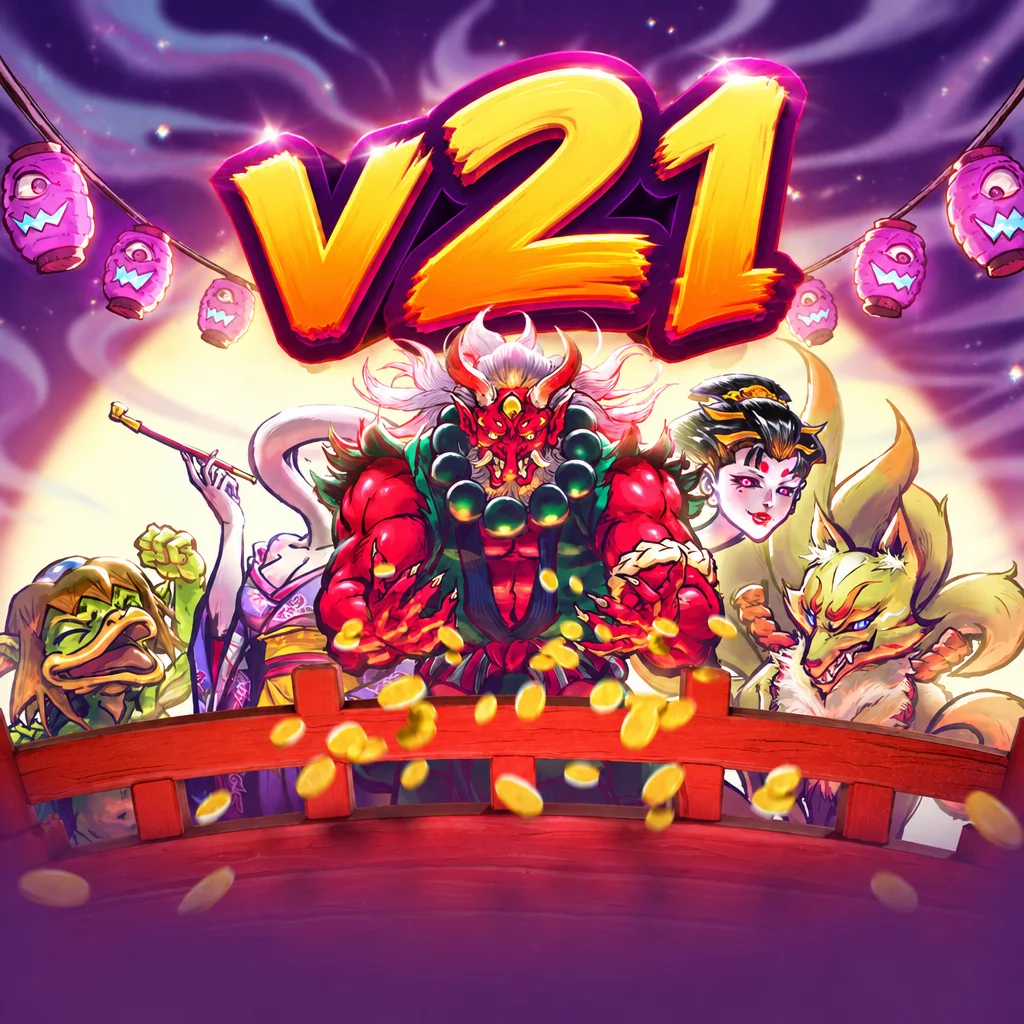 Logo v21 berlatar belakang karakter yokai Jepang di atas jembatan merah